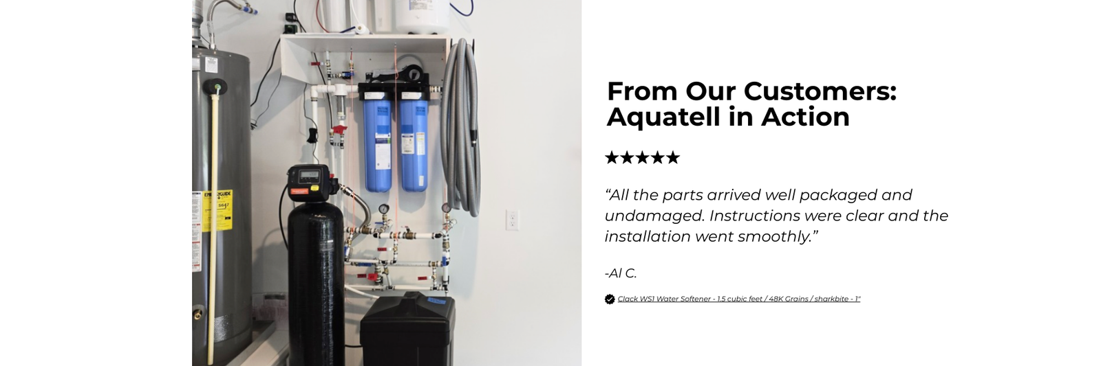 Aquatell water filtration system with customer testimonial on a white background