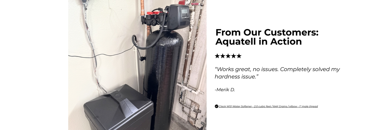 Aquatell water filter system with customer review text on a white background