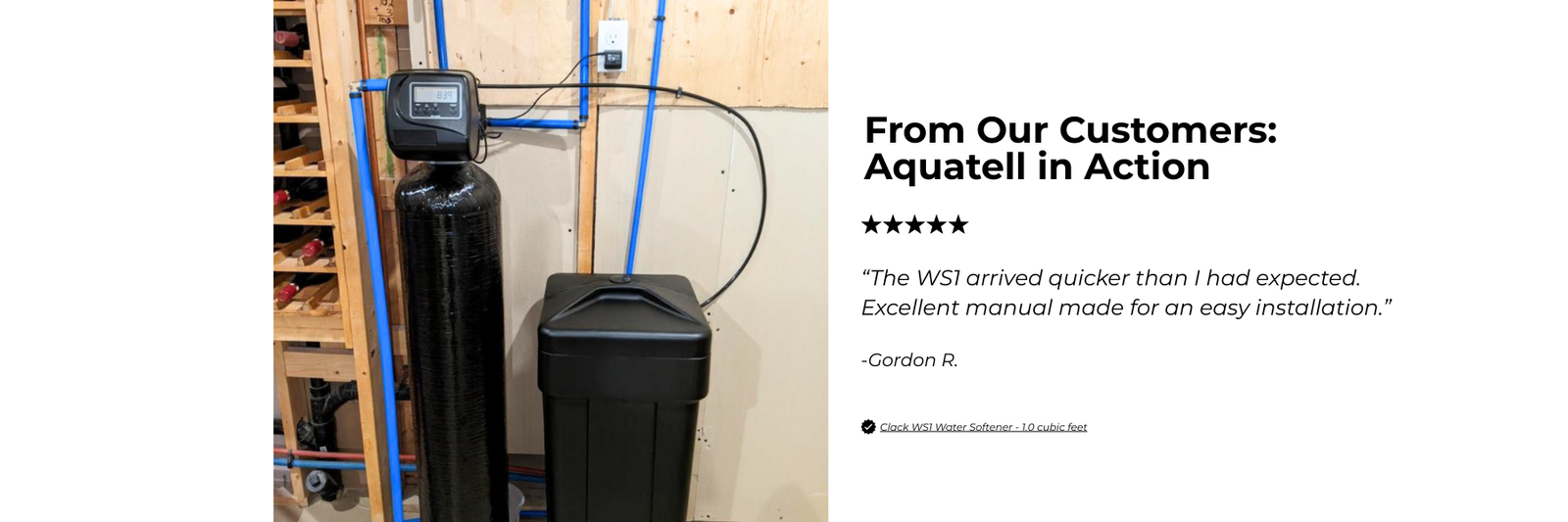 Water filtration system with customer review text on a white background