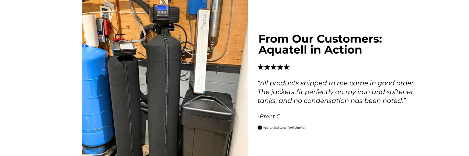 Aquatell product in a workshop setting with customer review text on the right.
