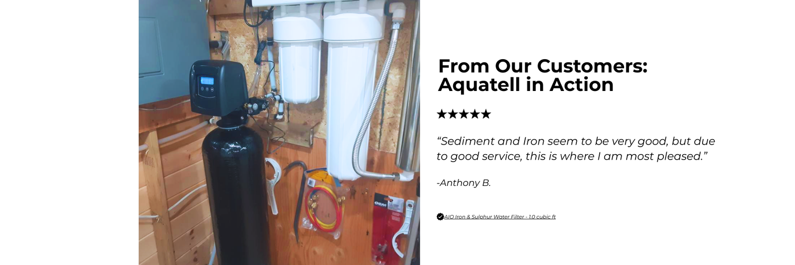 Water filtration system in a kitchen with a customer review on a white background