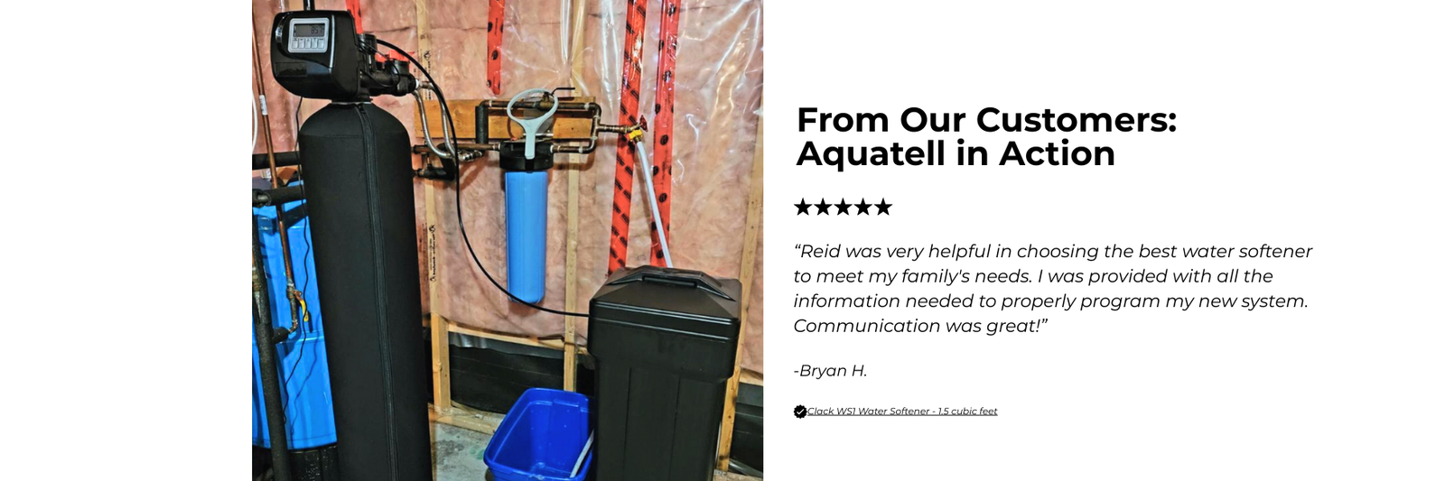 Aquastill water filtration system with a customer review on a white background