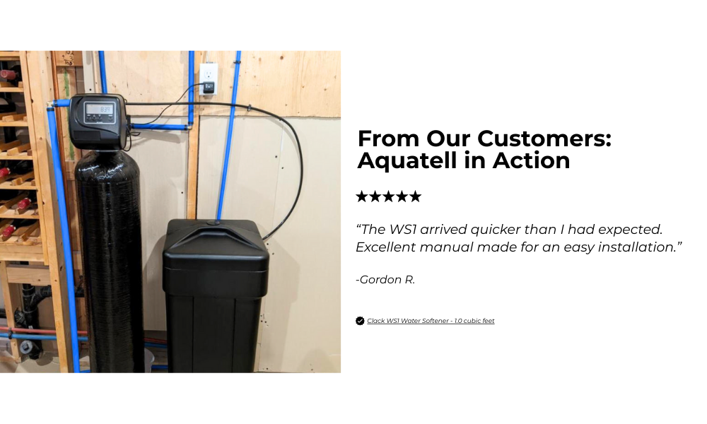 Aquatelli water filter system installation in a home setting with customer review text.