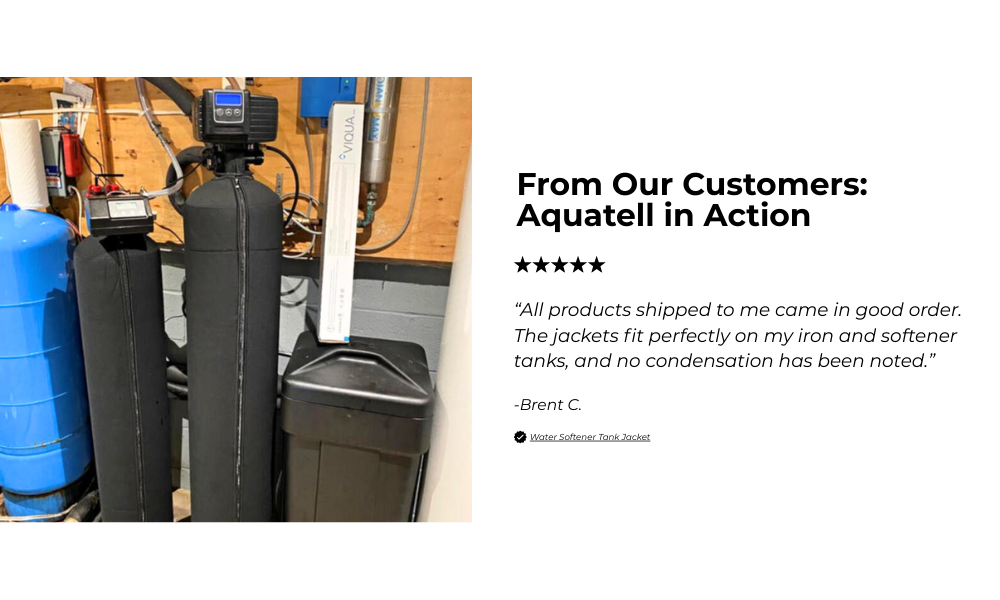 Aquatell water treatment system with customer review text on a white background