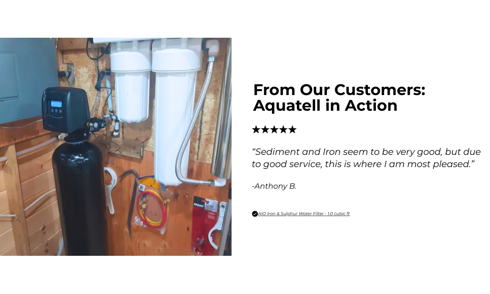 Aquatell water filter system installed in a wooden cabinet with a customer review on a white background.