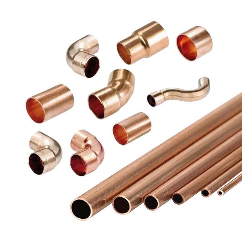 Collection of copper pipes and fittings on a white background