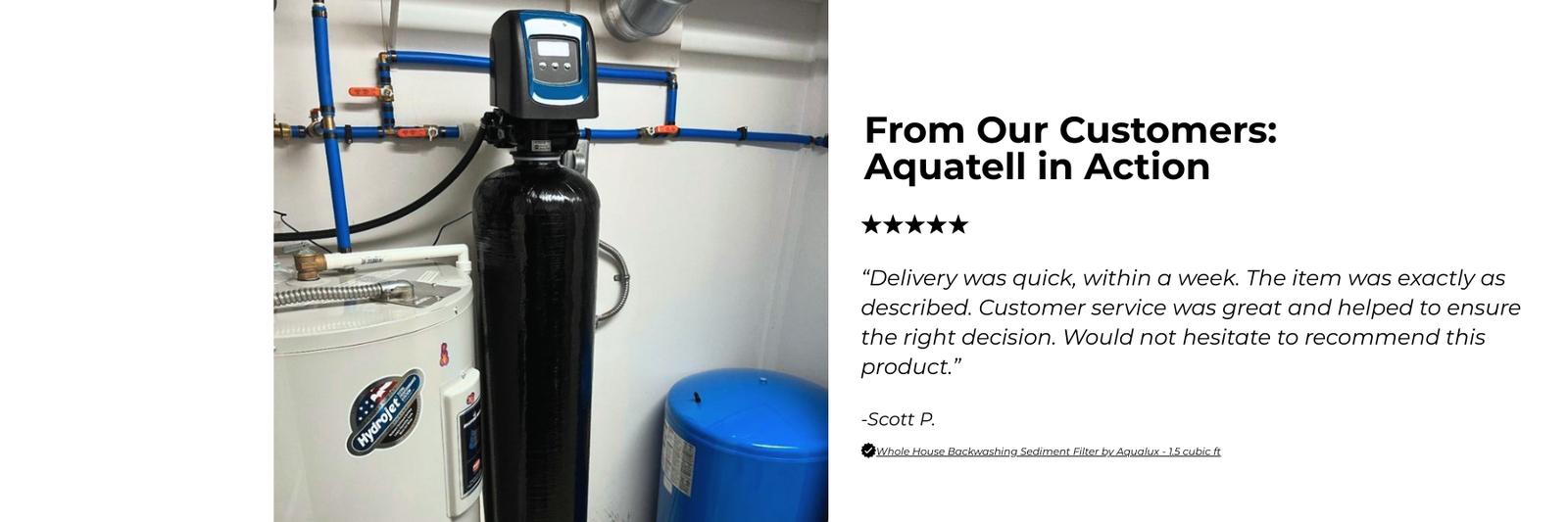 Aquatell water filtration system with customer feedback on a white background