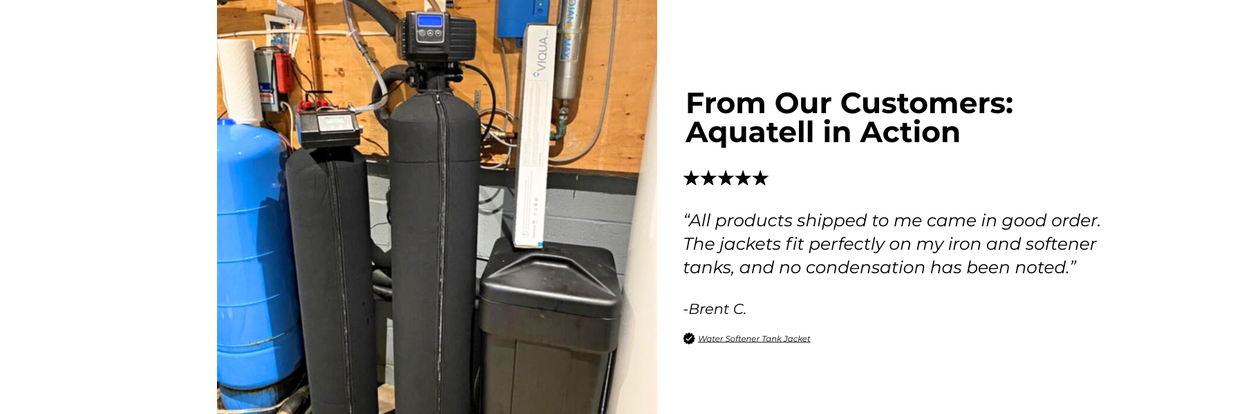 Aquatell product in a workshop setting with customer review text on the right.
