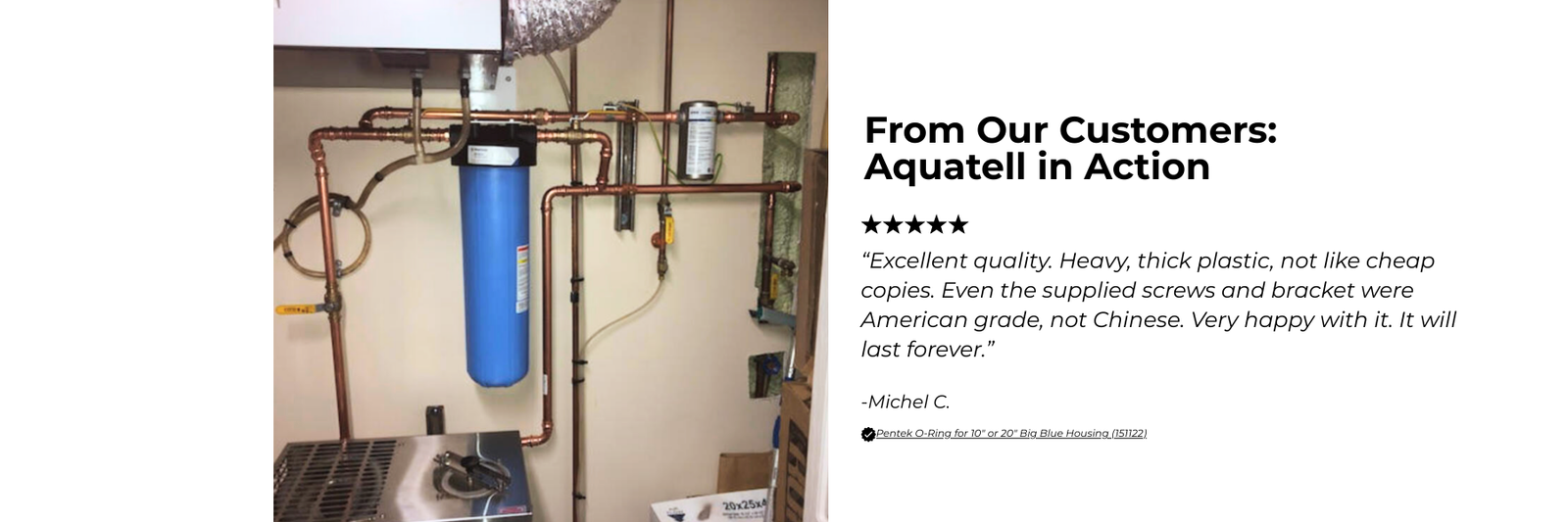 Aquatell water filter system installed in a kitchen with customer review text.