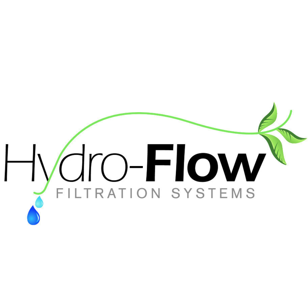 Logo of Hydro-Flow Filtration Systems with a green leaf and blue water droplet on a white background.