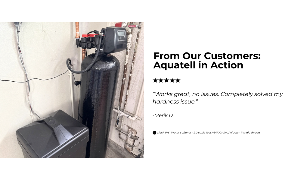 Water filtration system with a customer review on a white background