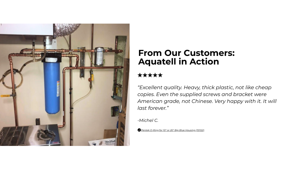 Aquatell water filter system with customer review text on a white background