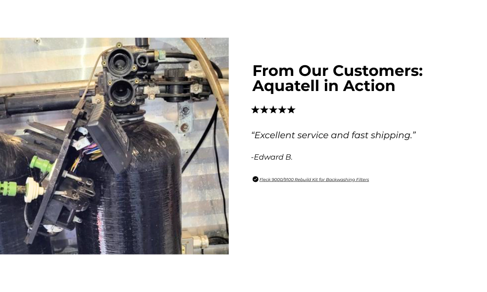 Aquatell water filter system with a customer review on a white background