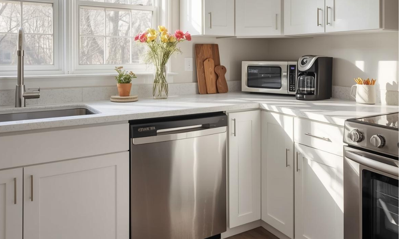 Modern kitchen with stainless steel dishwasher, microwave, coffee maker and oven.