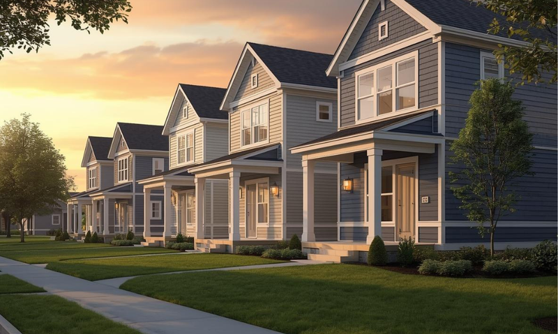 Row of houses with well-maintained lawns and trees during sunset.