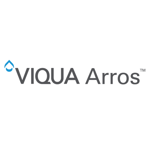 VIQUA Arros brand logo with a blue water droplet icon and gray text on a plain white background.