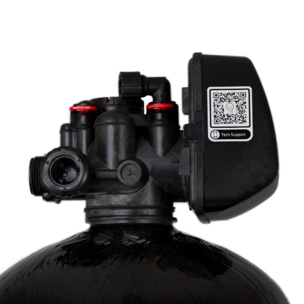 Whole House Carbon Chlorine Filter 3.0 Control Valve Right View with QR code - Product Image