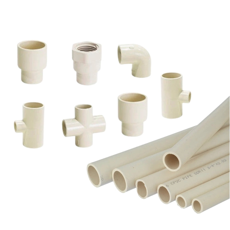 Collection of CPVC pipes and connectors on a white background
