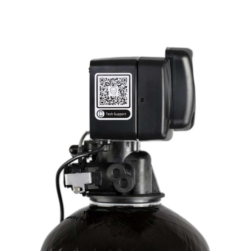 Fleck 5600SXT Water Softener 1.0 right view with QR code for tech support