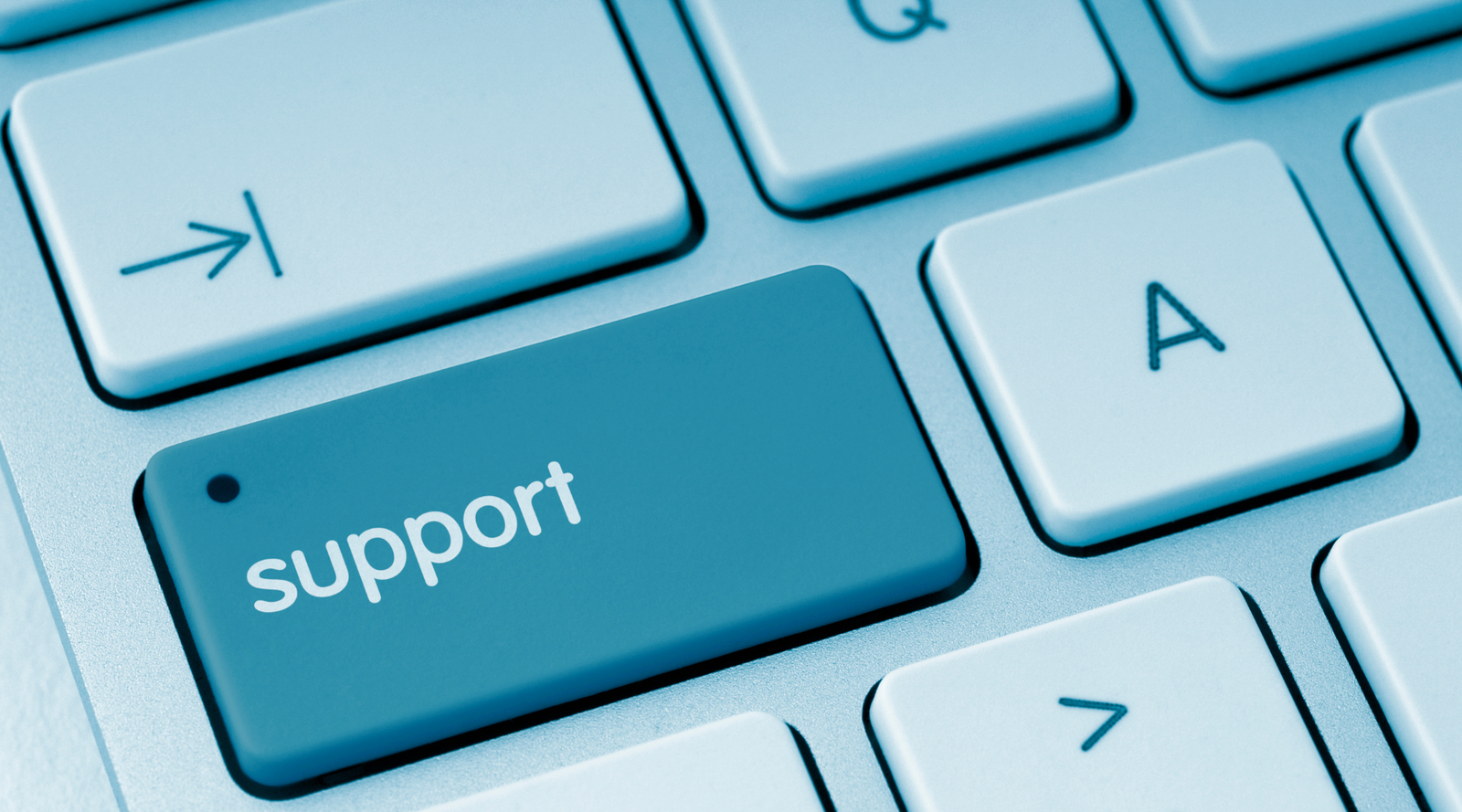 Blue keyboard with a 'support' key among other keys